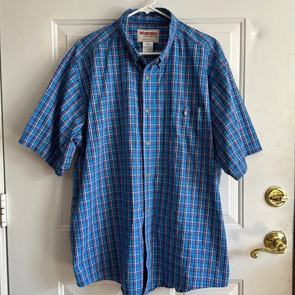 Wrangler Men’s Blue Red Short Sleeve Collared Plaid Button Down Shirt Casual XXL